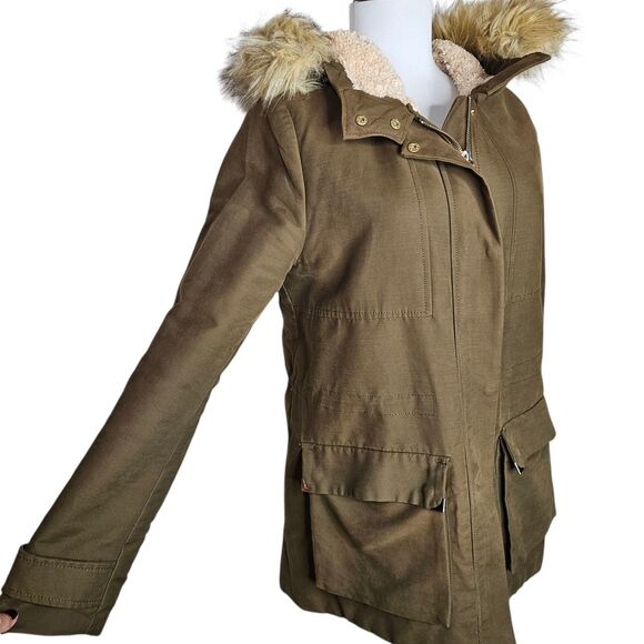 Zara Trafaluc Parka Coat Khaki Faux Fur Hood Lined Winter Utility Jacket Sz M - Picture 4 of 12